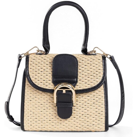 Handbags - Retro Straw Woven Women's Small Cross Body Shoulder Messenger Handbag Beige-blac